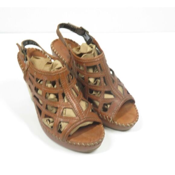 Lobo Solo Slingback Cage Sandals Brown Leather Chunky Wood Heel Brown Size 5 - Picture 1 of 9